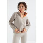 Tommy Life 97234 Koyu Bej Yarım Fermuar Etek Ucu Büzgülü Dik Yaka Oversize Kadın Polar Sweatshirt