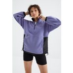 Tommy Life 97236 Açık Eflatun Yarım Fermuar Etek Ucu Büzgülü Dik Yaka Oversize Kadın Polar Sweatshirt