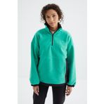 Tommy Life 97236 Deniz Yeşili Yarım Fermuar Etek Ucu Büzgülü Dik Yaka Oversize Kadın Polar Sweatshirt