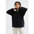 Tommy Life 97236 Siyah Yarım Fermuar Etek Ucu Büzgülü Dik Yaka Oversize Kadın Polar Sweatshirt