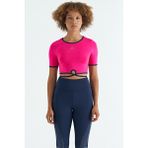 Tommy Life 97266 Fuşya Bel Bağlama Detaylı O Yaka Standart Kalıp Dalgıç Kumaş Kadın Crop T-Shirt