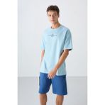 Tommy Life Açık Mavi Pamuklu Kalın Yumuşak Dokulu Oversize Fit Baskılı Erkek T-Shirt - 88321 - 2XL