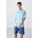 TOMMY LIFE Açık Mavi Pamuklu Kalın Yumuşak Dokulu Oversize Fit Baskılı Erkek T-Shirt - 88321
