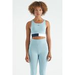 TOMMY LIFE Açık Mavi Renk Bloklu, Logo Baskılı, Fitilli Kadın Spor Büstiyer, XL