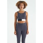 TOMMY LIFE Antrasit Renk Bloklu, Logo Baskılı, Fitilli Kadın Spor Büstiyer, XL