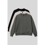 TOMMY LIFE Basic Oversıze O Yaka 3lü Paket Siyah-Haki- Bej Kadın Sweatshirt - 97053