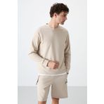 TOMMY LIFE Bej Basic O Yaka Rahat Form Erkek Sweatshirt - 88053
