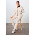 TOMMY LIFE Bej Kalın Yumuşak Dokulu Kapüşonlu Oversize Nakışlı Polar Kadın Eşofman Takım -95338