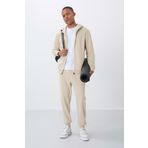 TOMMY LIFE Bej Kompakt Pamuklu Kalın Pürüzsüz Dokulu Kapüşonlu Comfort Fit Erkek Eşofman Takım - 85262