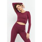 TOMMY LIFE Bordo Uzun Kollu Dar Kalıp O Yaka Kadın Crop Top T-Shirt