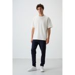 Tommy Life Ekru - Lacivert Pamuklu Kalın Yumuşak Dokulu Oversize Fit Basic Erkek Eşofman Takım - 85251 Ekru