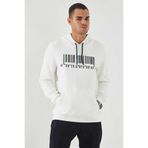 TOMMY LIFE Erkek Kapüşonlu Sweatshirt, Kanguru Cep, Nakışlı, Ekru, S Beden