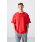 Tommy Life Fiesta Pamuklu Kalın Yumuşak Dokulu Oversize Fit Baskılı Erkek T-Shirt - 88321 - 105 - Kırmızı - 2XL