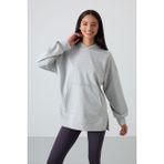TOMMY LIFE Gri Melanj Balon Kol Yazı Nakışlı Kadın Oversize Tunik Sweatshirt - 97163