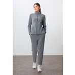 Tommy Life Gri Melanj Kalın Yumuşak Dokulu Dik Yaka Oversize Nakışlı Polar Kadın Eşofman Takım -95339