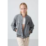 Tommy Life Gri Melanj Kalın Yumuşak Dokulu Standart Fit Nakışlı Polar Kız Çocuk Kolej Ceket - 75156