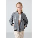 TOMMY LIFE Gri Melanj Kalın Yumuşak Dokulu Standart Fit Nakışlı Polar Kız Çocuk Kolej Ceket, 8-9 Yaş
