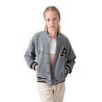 TOMMY LIFE Gri Melanj Kalın Yumuşak Dokulu Standart Fit Nakışlı Polar Kız Çocuk Kolej Ceket, 9-10 Yaş