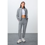 TOMMY LIFE Gri Melanj Kompakt Pamuklu Kalın Pürüzsüz Dokulu Dik Yaka Oversize Fit Kadın Eşofman Takım - 95340