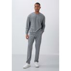 Tommy Life Gri Melanj Kompakt Pamuklu Kalın Pürüzsüz Dokulu O Yaka Comfort Fit Erkek Eşofman Takım -85263 - 2XL