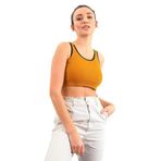 TOMMY LIFE Hardal Basic Sıfır Kol Dar Kalıp U Yaka Kadın Crop Top Spor Büstiyer, S Beden