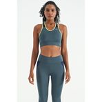 TOMMY LIFE Kadın Spor Büstiyer, Orman Yeşili-Neon Sarı Renk Bloklu, Sırt Detaylı, XL