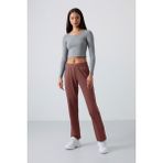 Tommy Life Kahverengi Yüksek Bel Cepli Rahat Form Klasik Paça Kadın Eşofman Alt - 94584 - 2XL