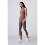Tommy Life Kahverengi Yüksek Bel Kapri-Crop Atlet Slim Fit Kadın Tayt Takım - 95284 - XL