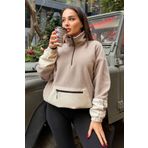 TOMMY LIFE Koyu Bej Etek Ucu Büzgülü Yarım Fermuarlı Oversize Kadın Polar Sweatshirt - 97238
