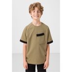 TOMMY LIFE Koyu Bej Pamuklu Yumuşak Dokulu Oversize Cep Detaylı Erkek Çocuk T-Shirt, 12-13 Yaş