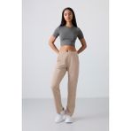 Tommy Life Koyu Bej Yüksek Bel Cepli Rahat Form Klasik Paça Kadın Eşofman Alt - 94584 - 2XL