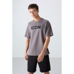 TOMMY LIFE Koyu Gri Pamuklu Kalın Yumuşak Dokulu Oversize Fit Baskılı Erkek T-Shirt - 88331