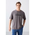 Tommy Life Koyu Gri Pamuklu Kalın Yumuşak Dokulu Oversize Fit Baskılı Erkek T-Shirt - 88334 - XL