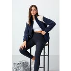 Tommy Life Lacivert Kalın Yumuşak Dokulu Dik Yaka Oversize Nakışlı Polar Kadın Sweatshirt - 97293