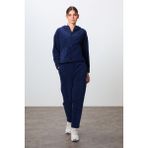 Tommy Life Lacivert Kalın Yumuşak Dokulu Kapüşonlu Oversize Nakışlı Polar Kadın Eşofman Takım -95338