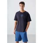 Tommy Life Lacivert Pamuklu Kalın Yumuşak Dokulu Oversize Fit Baskılı Erkek T-Shirt - 88333 - 2XL