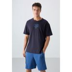 Tommy Life Lacivert Pamuklu Kalın Yumuşak Dokulu Oversize Fit Baskılı Erkek T-Shirt - 88333 - XL