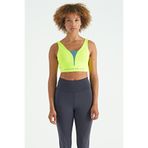 TOMMY LIFE Neon Sarı Yazı Baskılı Renk Bloklu Dar Kalıp Dalgıç Kumaş Kadın Spor Büstiyer, XL