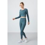 TOMMY LIFE Orman Yeşili Yüksek Bel Uzun Kollu Slim Fit Crop Top Kadın Tayt Takım - 95286