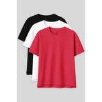 TOMMY LIFE Oversize Fit Basic O Yaka 3lü Paket Siyah-Beyaz-Rose Kadın T-Shirt 97285