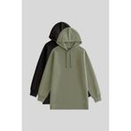 TOMMY LIFE Oversize Kapüşonlu 2li Paket Siyah-Çağla Kadın Tunik Sweatshirt - 97242