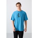 TOMMY LIFE Petrol Mavi Pamuklu Kalın Yumuşak Dokulu Oversize Fit Baskılı Erkek T-Shirt - 88332