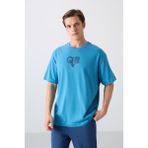 TOMMY LIFE Petrol Mavi Pamuklu Kalın Yumuşak Dokulu Oversize Fit Baskılı Erkek T-Shirt - 88333