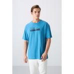 TOMMY LIFE Petrol Mavi Pamuklu Kalın Yumuşak Dokulu Oversize Fit Baskılı Erkek T-Shirt - 88334