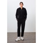 Tommy Life Siyah Kalın Yumuşak Dokulu Kapüşonlu Oversize Nakışlı Polar Kadın Eşofman Takım -95338