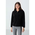 Tommy Life Siyah Kalın Yumuşak Dokulu Kapüşonlu Oversize Nakışlı Polar Kadın Sweatshirt -97286