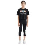 TOMMY LIFE Siyah Yazı Baskılı Oversize Kız Çocuk Crop Tayt Takım, 9-10 Yaş