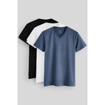 TOMMY LIFE Standart Fit Basic V Yaka 3lü Paket Siyah-Beyaz-Petrol Erkek T-Shirt 87912