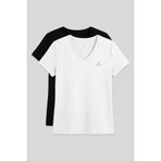 TOMMY LIFE Standart Kalıp Basic V Yaka 2li Paket Kadın T-Shirt, Siyah-Beyaz, L Beden