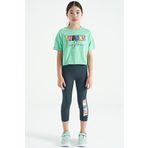 Tommylife 75133 Su Yeşil Orman Yeşil Yazı Baskılı Oversize Kız Çocuk Crop Tayt Takım
